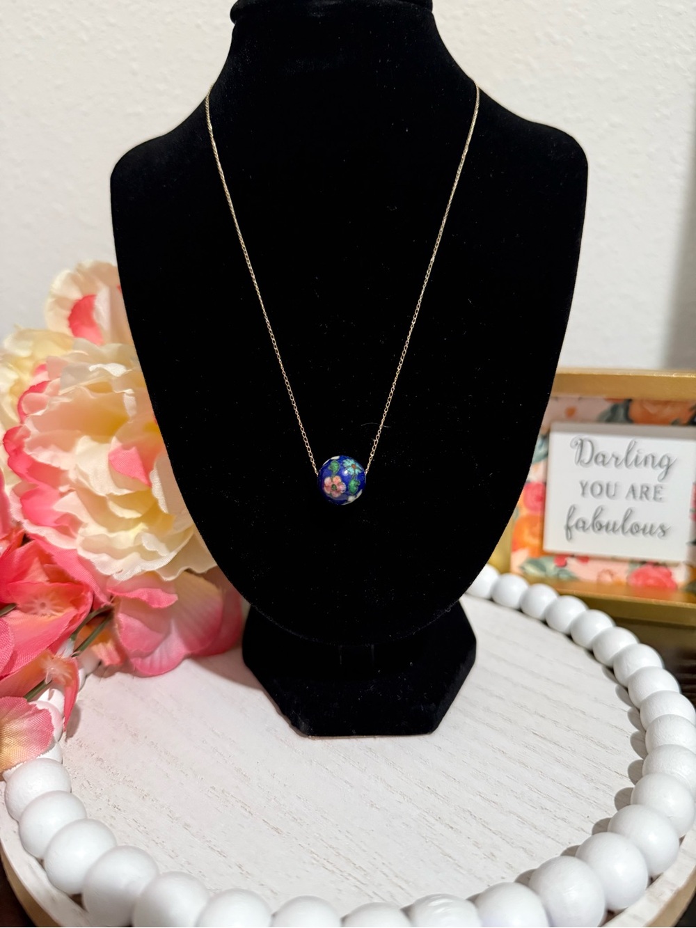 Vintage 14K Yellow Gold Floral Cloisonne Enamel Bead Necklace 2.48g